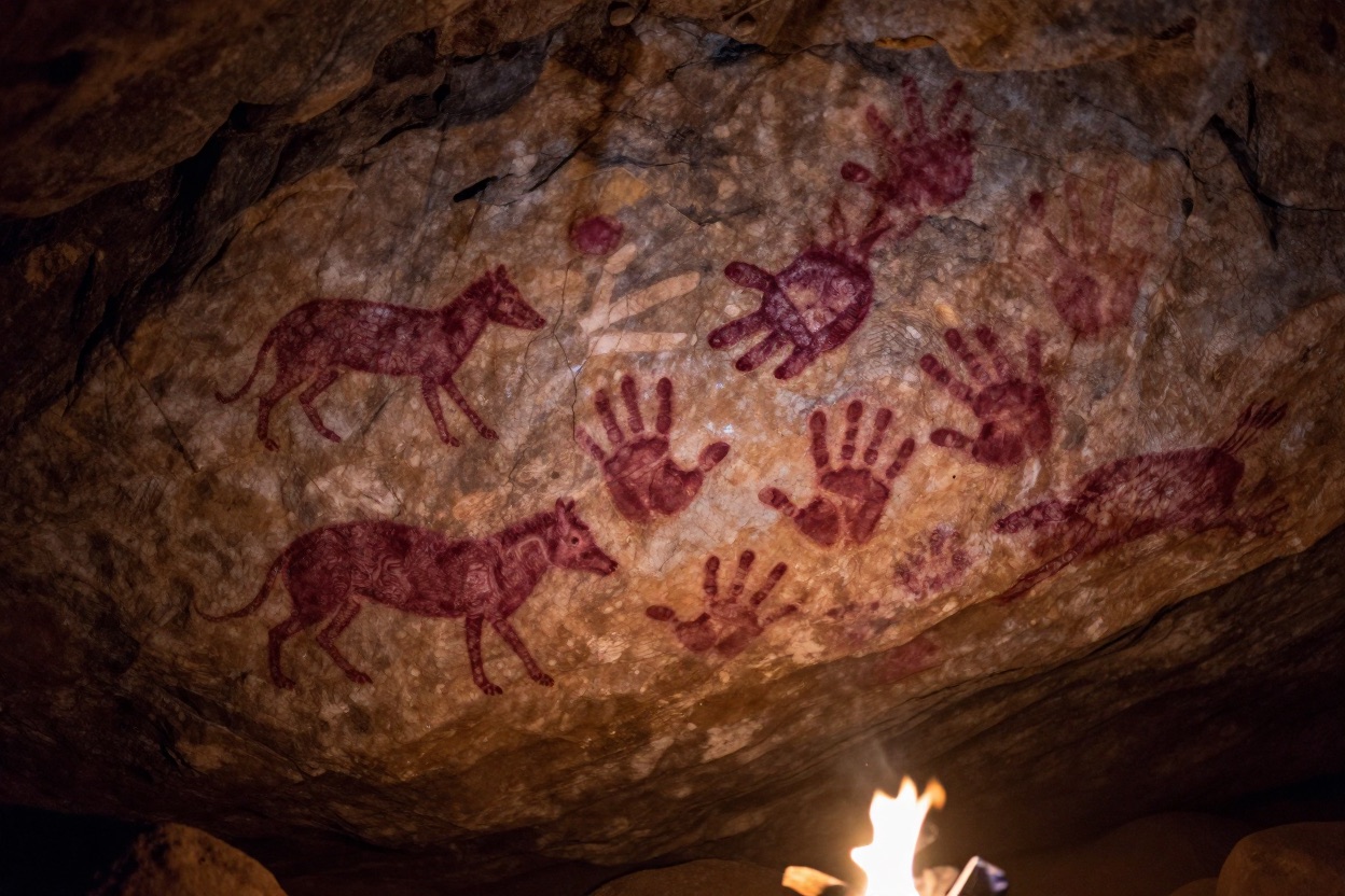 Ancient hand prints and animal paintings on a cave wall