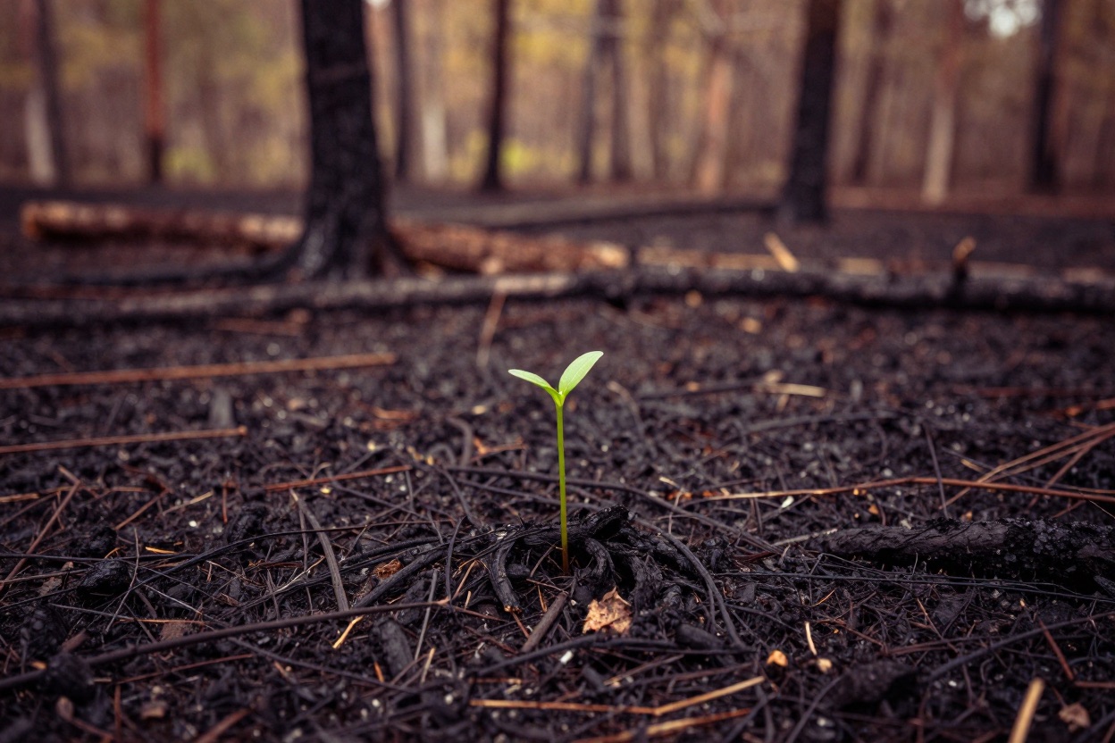 A green sprout growing out of ash after a forest fire