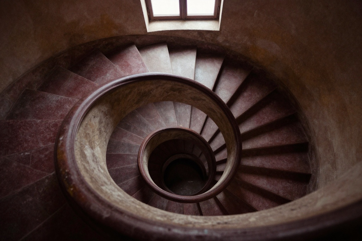 Looking down a spiral staircase