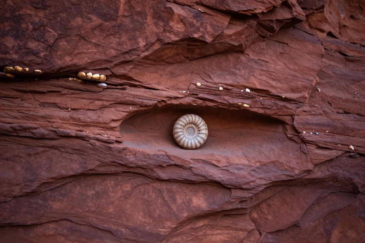 Layered canyon rock with an ammonite fossil