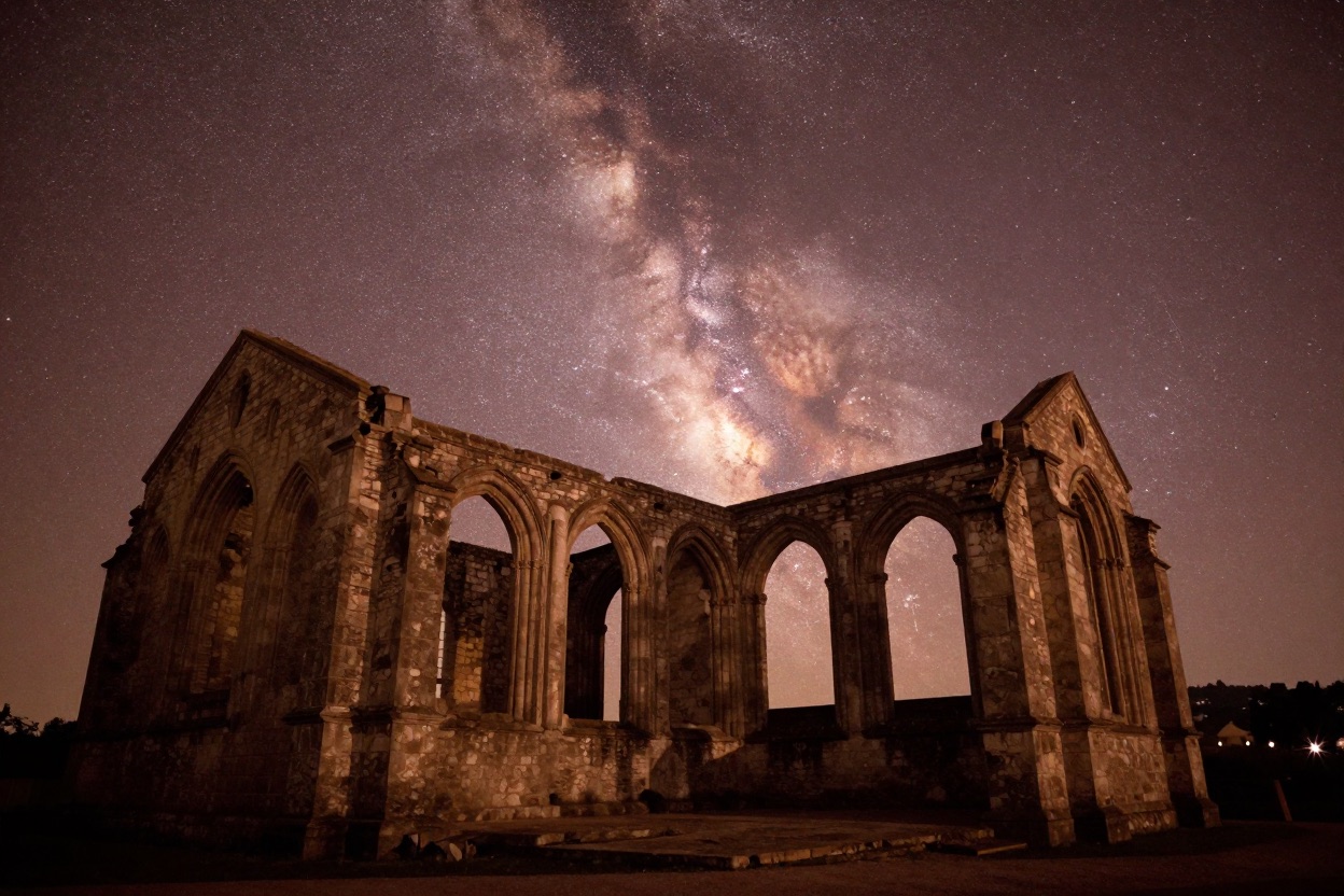 A roofless cathedral ruin under the Milky Way