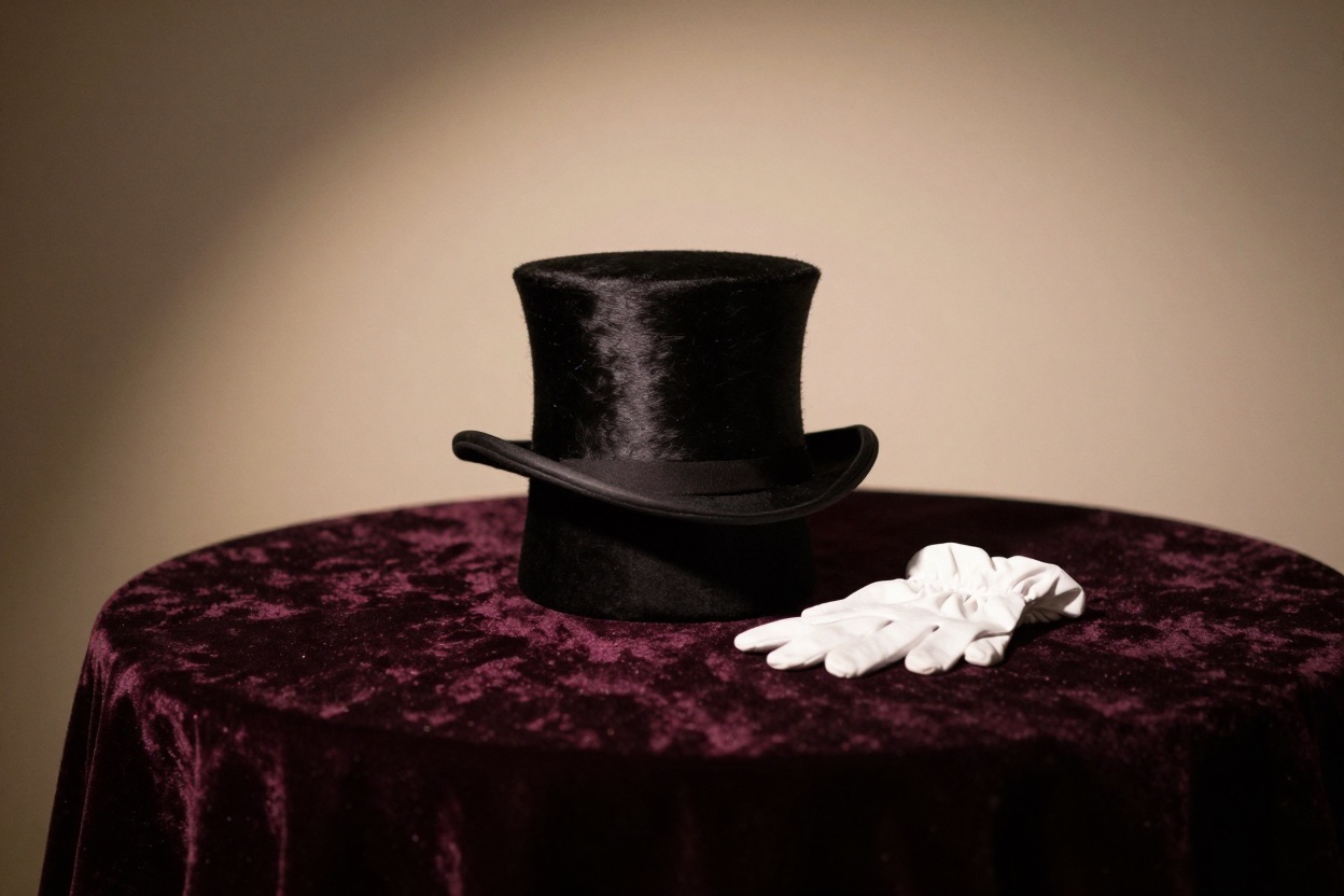 A magician's top hat and gloves under a spotlight