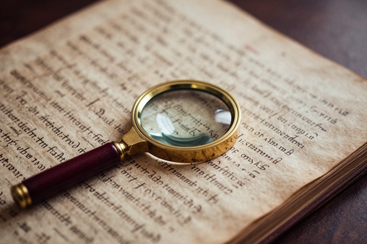 Ancient manuscript fragments under a magnifying glass