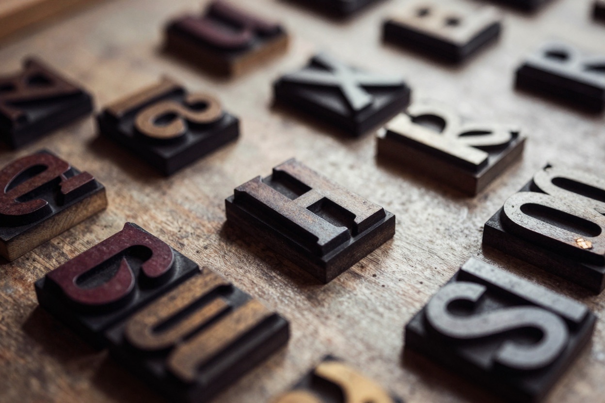 Old letterpress type blocks scattered on a table