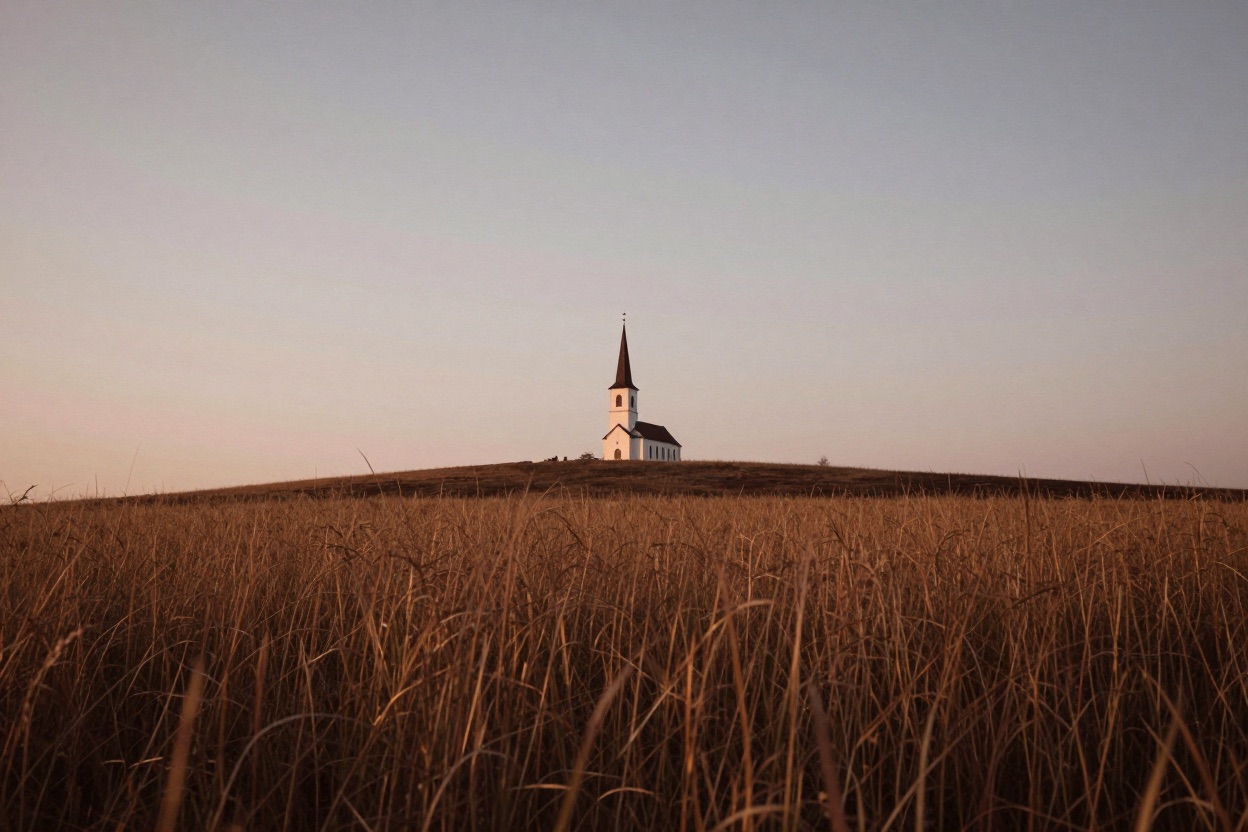 A distant white spire across a field at dusk