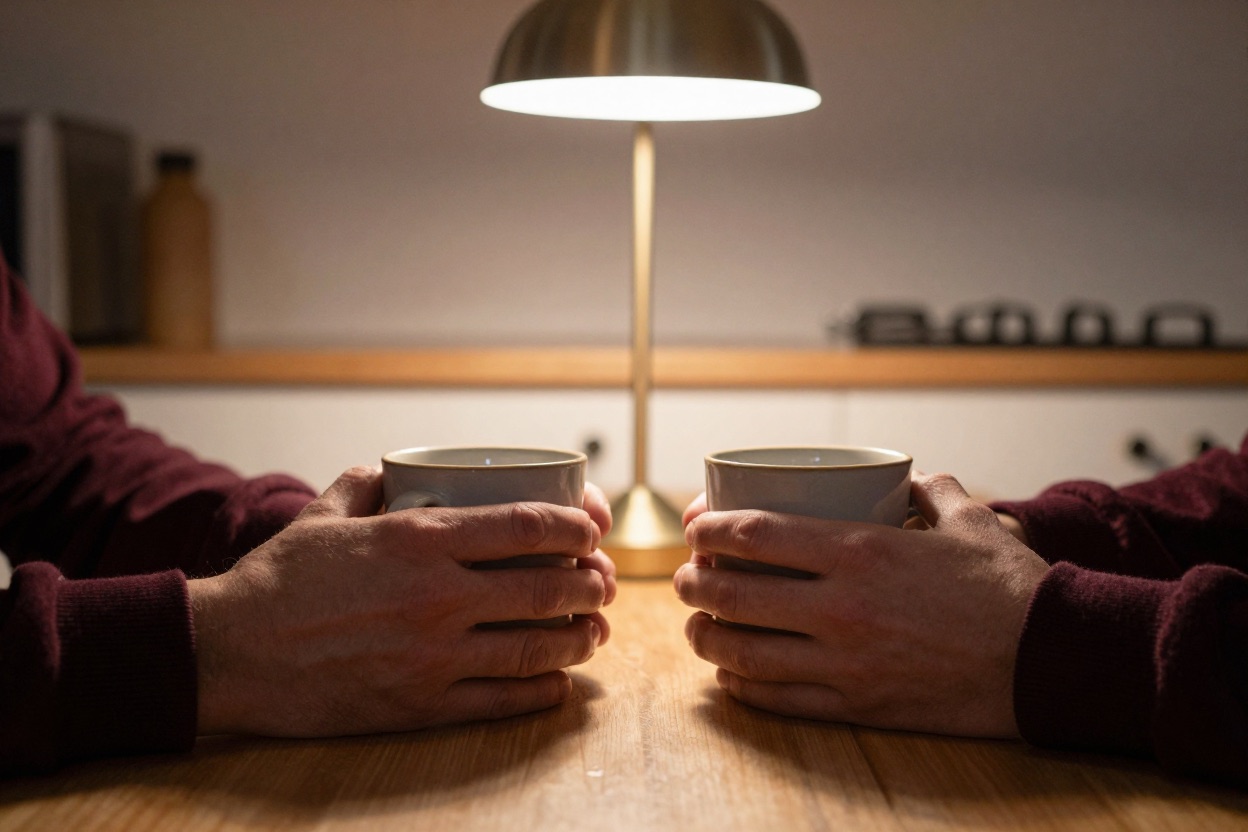 Two pairs of hands around mugs at a kitchen table