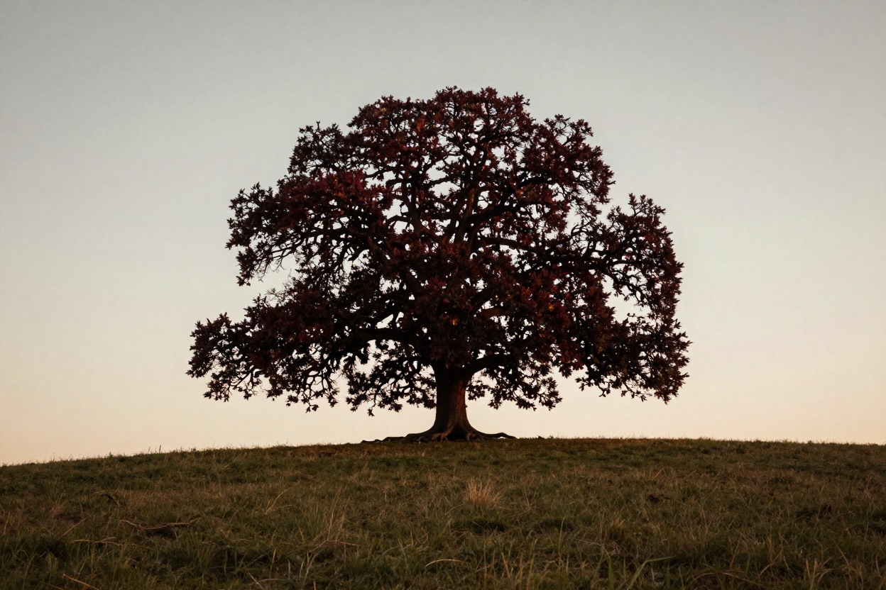 A broad oak tree on a hill at golden hour