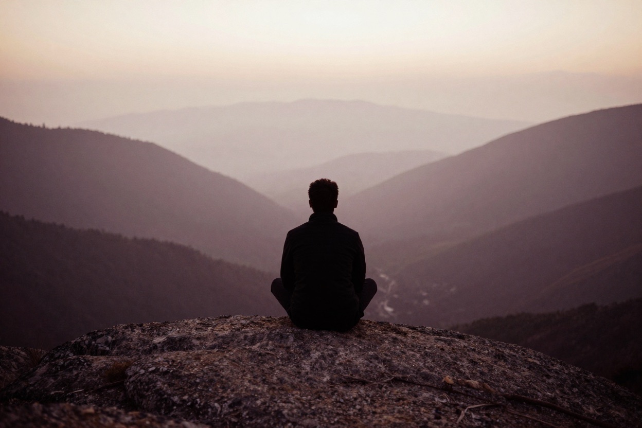 A person meditating on a boulder at sunrise