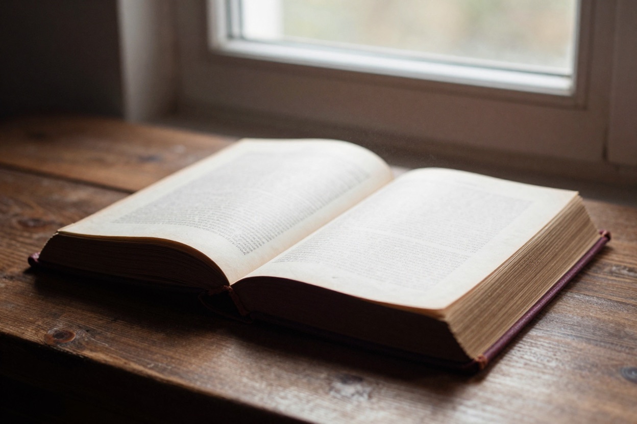 An old book open on a table in morning light