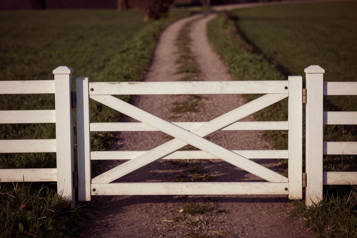 A garden gate standing open onto a path