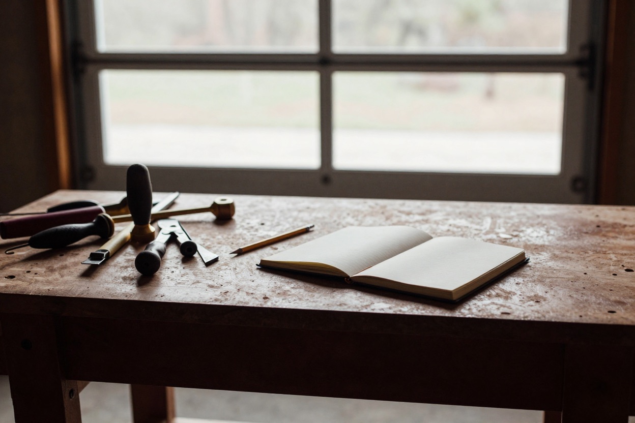 A workbench with hand tools and an open notebook