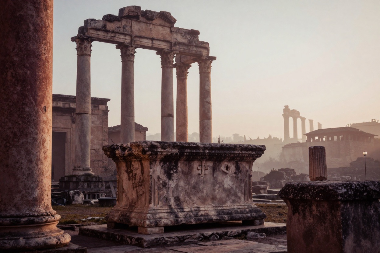 Roman temple ruins and a stone altar at dawn