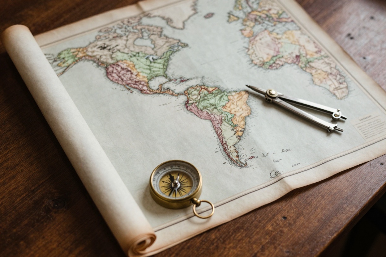 An antique map of the Americas with a compass