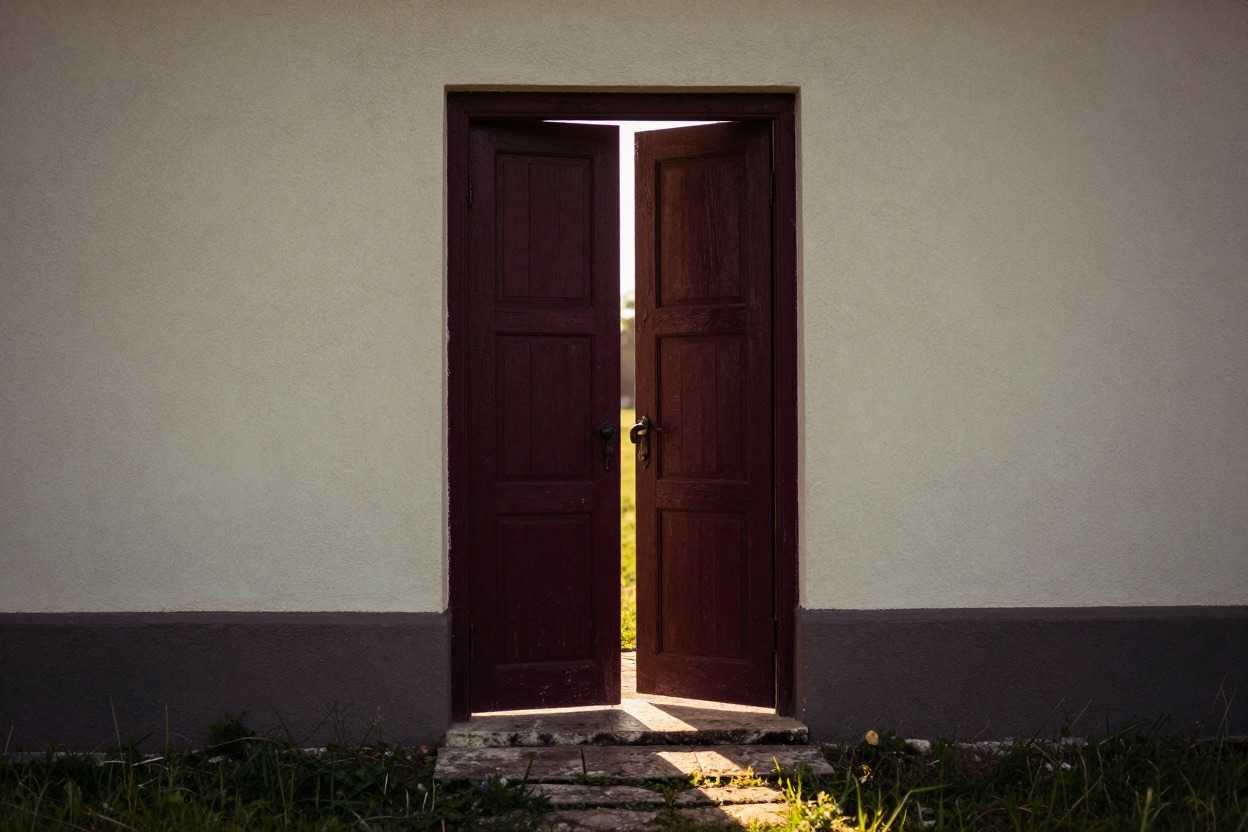 An old chapel door standing open onto a sunlit meadow