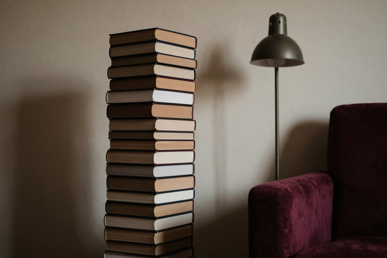 A stack of books beside a reading lamp