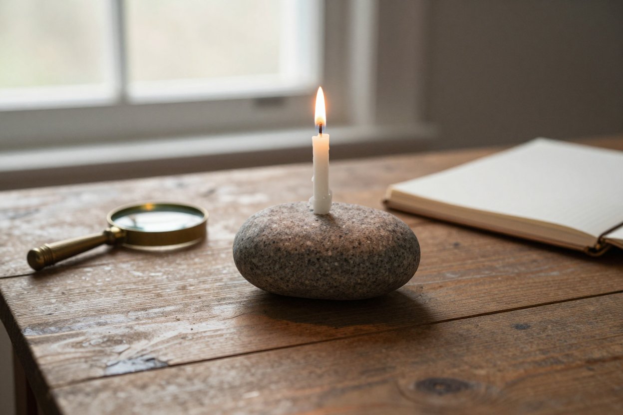 A granite stone on a wooden table with a single lit birthday candle on top