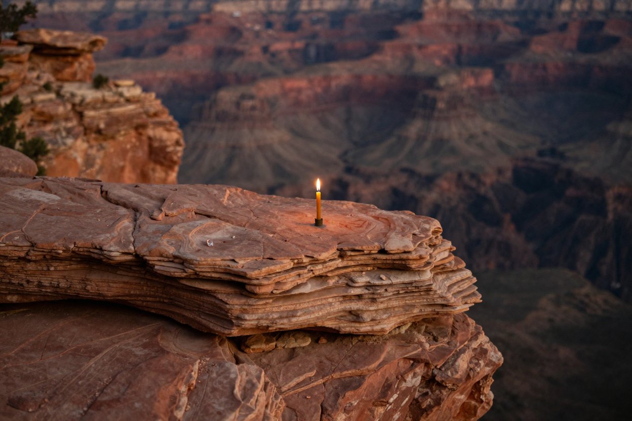 A ledge of layered sandstone above a canyon at dusk, with a single candle on it