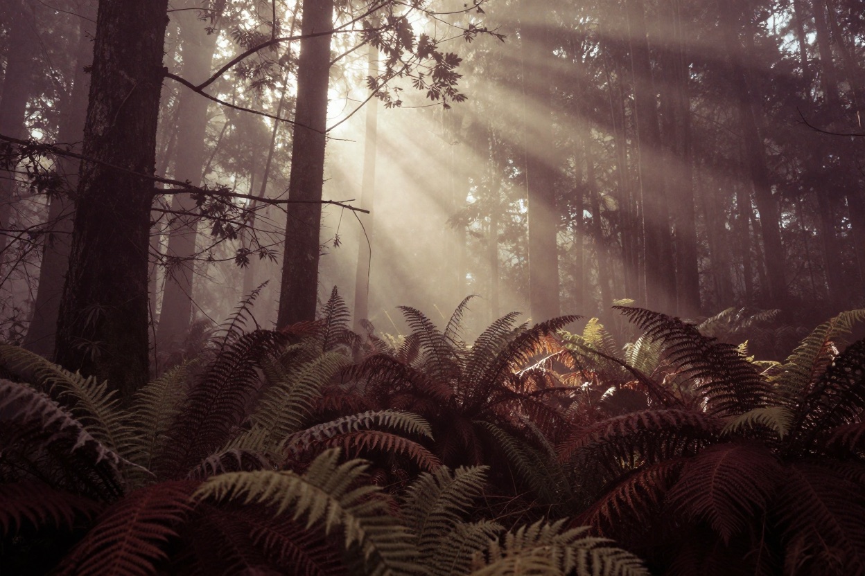 Sunlight streaming through a forest canopy