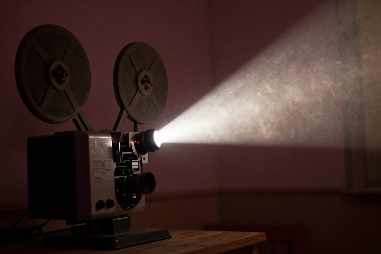 A vintage film projector casting a beam of light